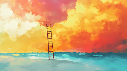 A vibrant ladder symbolizes journey to escape poverty, reaching towards brighter future. Escape - Beach. Illustration