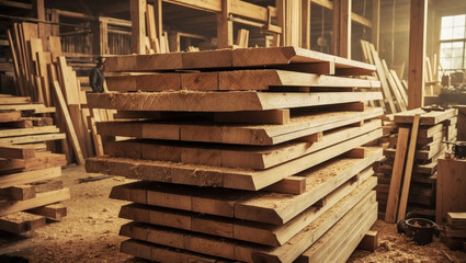 Neatly stacked lumber planks in a warehouse, showcasing wood grain and preparation for projects.