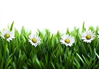 spring grass with daisies border, isolated on a white background,