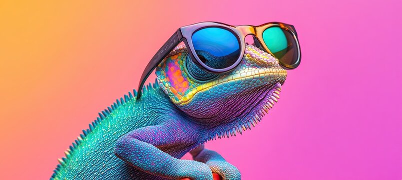 chameleon wearing sunglasses in front of a single-color background