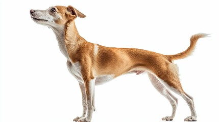 A Small Brown Dog Stands Alertly Against White Background