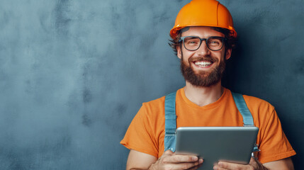 Smiling construction worker in orange workwear and hard hat checking digital tablet against neutral background