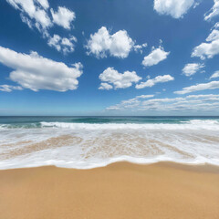 the background features an ocean with soft waves and a sandy beach,