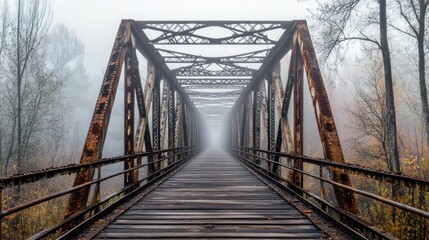Obraz premium Foggy Rusty Bridge Over Autumn River