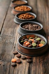 Variety of pet food in bowls on wood.