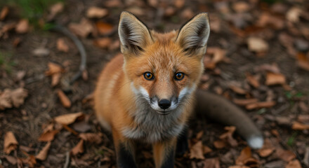 Fototapeta premium Curious European Fox in Autumn Forest with Orange Fur and Bushy Tail
