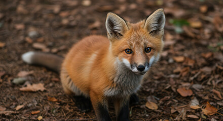 Fototapeta premium Curious Young Red Fox Sitting on Forest Floor Among Brown Leaves in Autumn