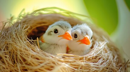 Obraz premium Bird in nest on tree in Spring.