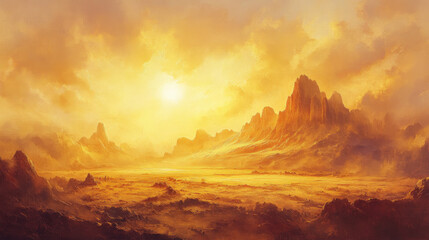 Naklejka premium A hand-painted nostalgic golden landscape oil artwork, perfect for wall dÃ©cor, graphic design, and digital or print applications