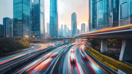 Fototapeta premium City highway with light trails at sunset.