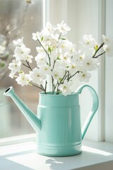 Fototapeta premium White blossoms in a light teal watering can.
