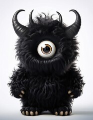 Black furry monster with one eye and horns standing against a white background