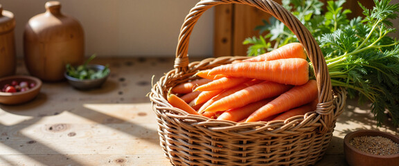 Fresh carrots arranged in a rustic basket, farmhouse kitchen ambiance