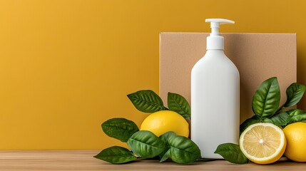 A bottle of skin lotion sits on a reflective surface surrounded by fresh mint leaves and lemons, creating a vibrant and refreshing atmosphere in bright, natural light