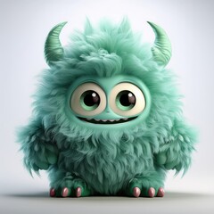 Cute turquoise monster with big eyes and fluffy fur displayed against a plain background