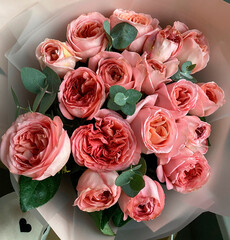 peony pink roses in a bouquet with eucalyptus branches close-up. International Women's Day, gift, care