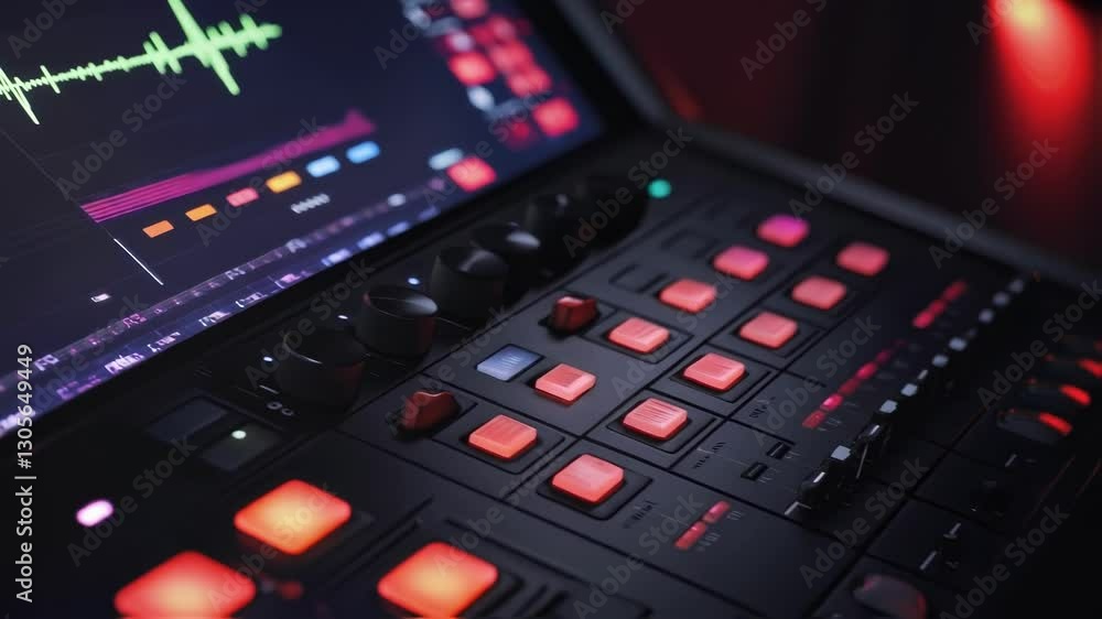 Poster professional audio equipment displays waveforms on its screen, illuminated by colorful lights, sugge