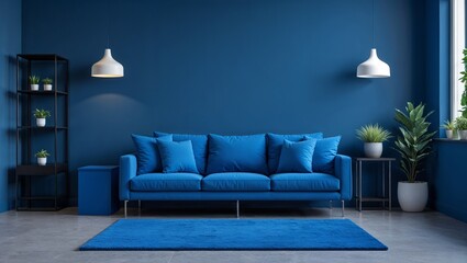  Blue Monochromatic Living Room Sofa, Walls, and Rug in Matching Shades
