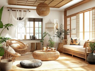 A cozy living room decorated in a natural bohemian style
