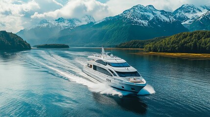 Luxury Yacht Cruising Through Majestic Mountain Fjord