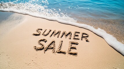 Fototapeta premium The shoreline features the word sale crafted in sand, surrounded by bright turquoise water and fluffy clouds under a clear blue sky