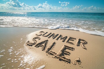 Fototapeta premium The shoreline features the word sale crafted in sand, surrounded by bright turquoise water and fluffy clouds under a clear blue sky
