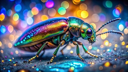 Fototapeta premium Sparkling Rainbow Glitter Bug Texture: Tiny Insect, Macro, Tilt-Shift, Shiny Background