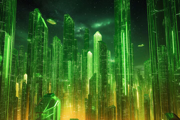 Futuristic Emerald City – Shimmering Crystal Skyscrapers, Floating Pods, and Neon Green Skyline
