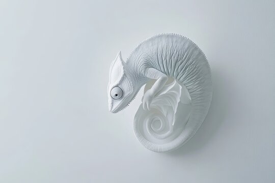 A young veiled chameleon, known as the cone-head chameleon and Yemen chameleon, sits on a branch with a pristine white background