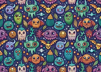 Naklejka premium Spooky Creature Doodle Pattern: Halloween Background Texture