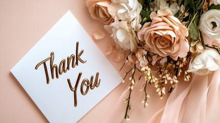 Elegant Thank You card with gold foil lettering on a pastel background with flowers