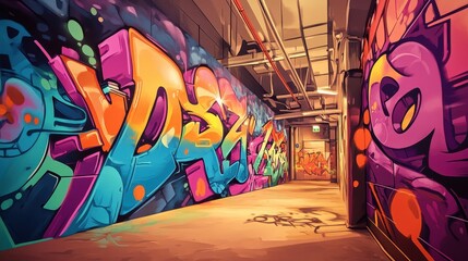 Brightly colored graffiti art adorns a long interior hallway space