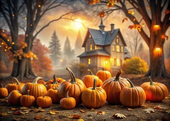 Spooky Halloween Sale Background: Pumpkins, Haunted House & High Depth of Field