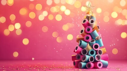 Colorful paper towel roll Christmas tree on pink background