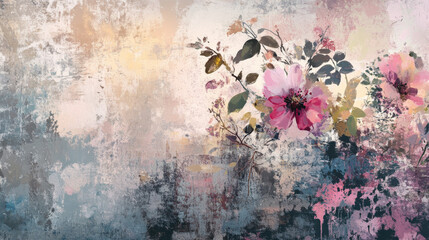 Abstract floral and botanical painting with nostalgic tones, designed as an artistic wallpaper
