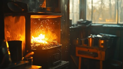 Forged metal in a rustic workshop at dawn