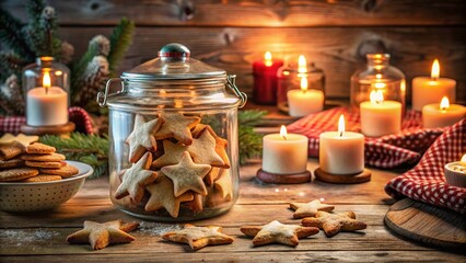 Fototapeta premium Star Cookie Jar with Candles - Low Light Holiday Baking Scene