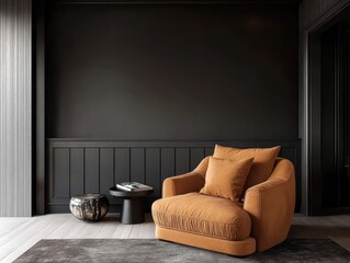 A luxurious orange armchair sits in a modern dark interior space