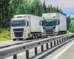 Two trucks are driving in the same direction parallel to each other on a country road