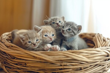 Three adorable kittens cuddling in a cozy woven basket with soft lighting in a warm home setting
