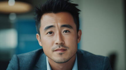 Obraz premium Portrait of a confident young Asian manager in a tailored suit, posing proudly in a sleek, modern office environment