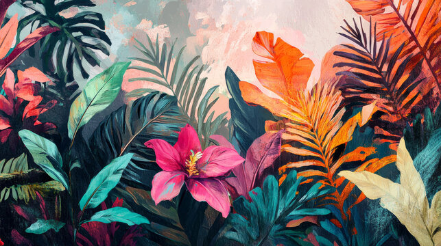 Hand-drawn abstract botanical oil painting with a nostalgic tropical theme, designed as artistic wallpaper
