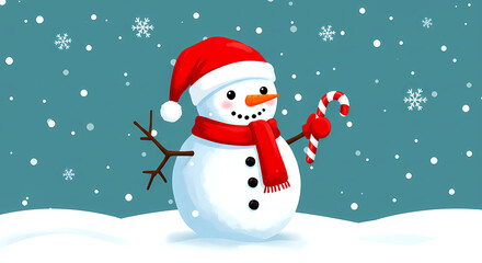 cheerful snowman wearing a Santa hat and a red scarf, holding a candy cane