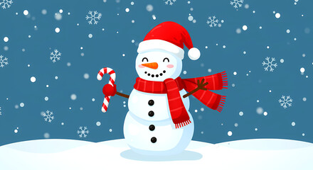 cheerful snowman wearing a Santa hat and a red scarf, holding a candy cane