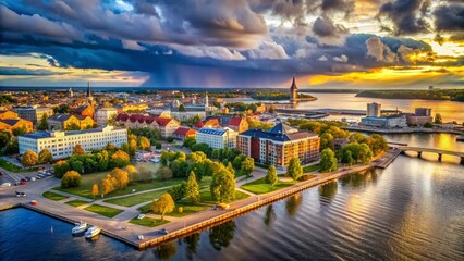 Fototapeta premium Stunning Panoramic Cityscape of Vaasa, Finland: Modern Architecture and Baltic Sea Views