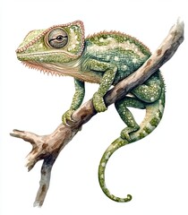 Watercolor artwork of a chameleon dragon. Artist rendering of a green chameleon in panther form, perched on a branch, representing the Agamidae family, perfect for T-shirts and baby shower decor, set