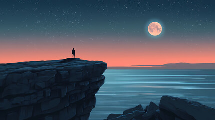 Nighttime clifftop contemplation, vast moonlit landscape, peaceful serene scene, ideal for meditation, dreams, hope. Hope - Sunrise. Illustration