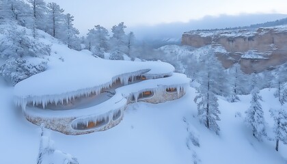 Home iced, clings mountain; winter