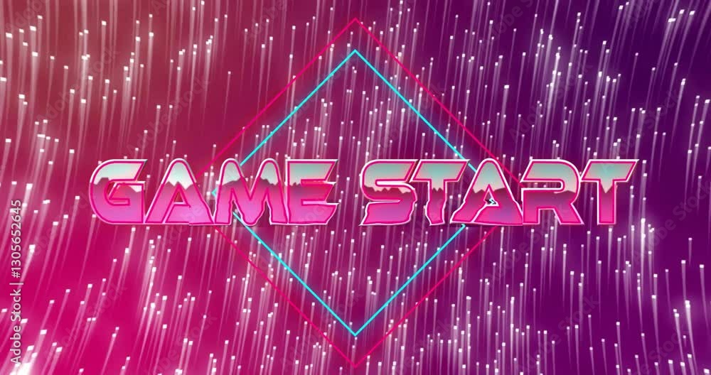 Aufkleber animation of neon game start text over dynamic light streaks background