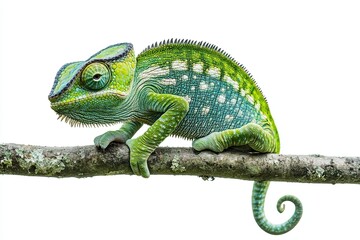 Obraz premium Chameleon in green color on white background